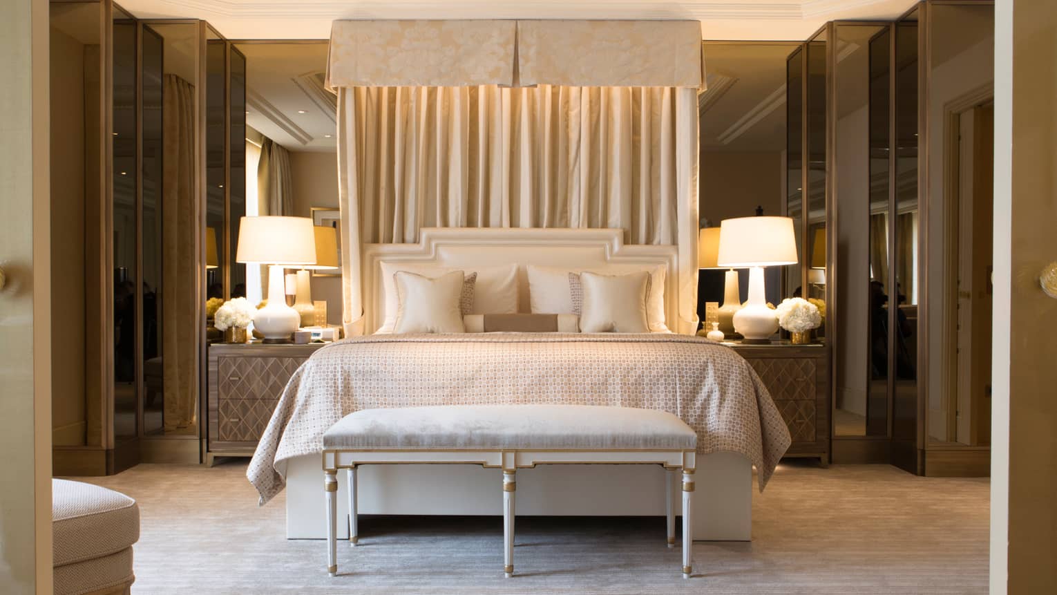 Presidential Suite bench, bench under white canopy, mirrors, lamps on each side