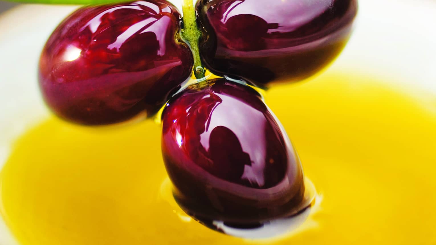 Close-up of three shiny purple olives on vine over yellow sauce