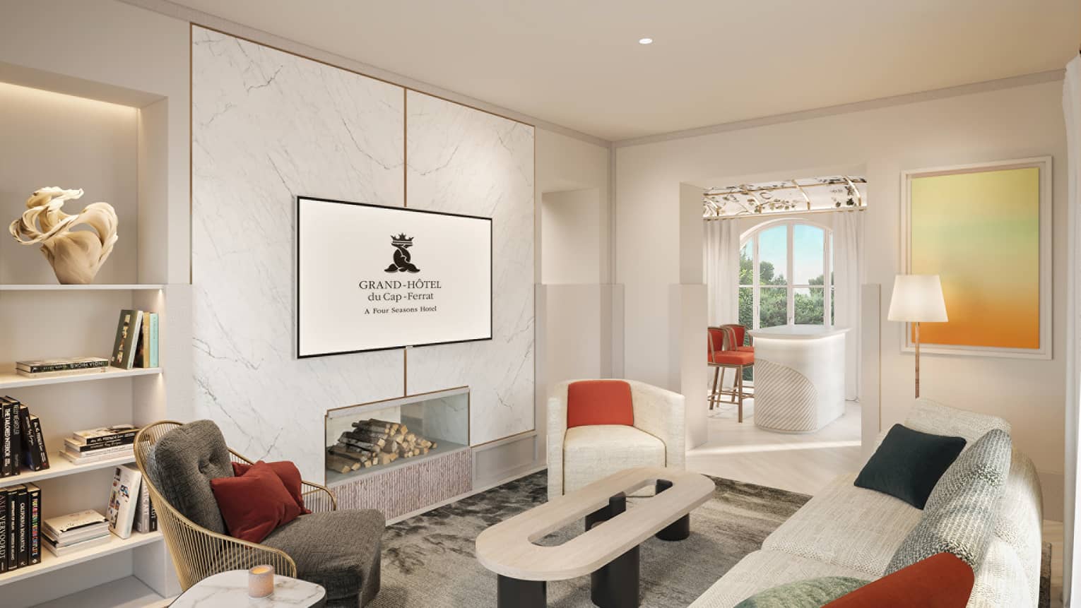 Living room with white sofa, two arm chairs, modern coffee table, marble wall with built-in fireplace and TV