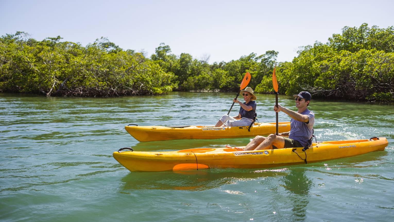 Two people row in yellow kayaks on the water, with bushy trees lining the waterway