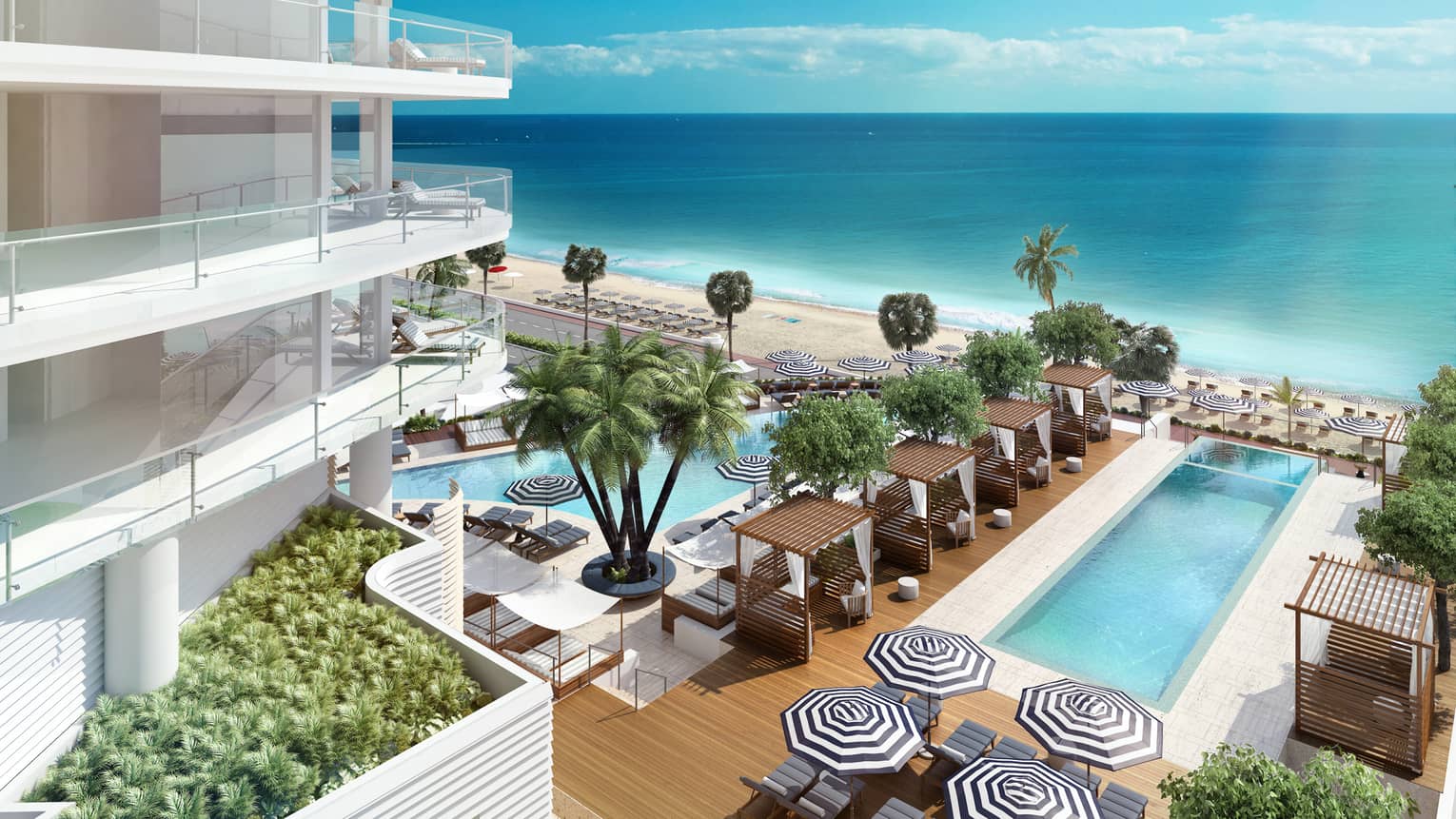 High-rise building with wrap-around glass balconies overlooking pool and ocean