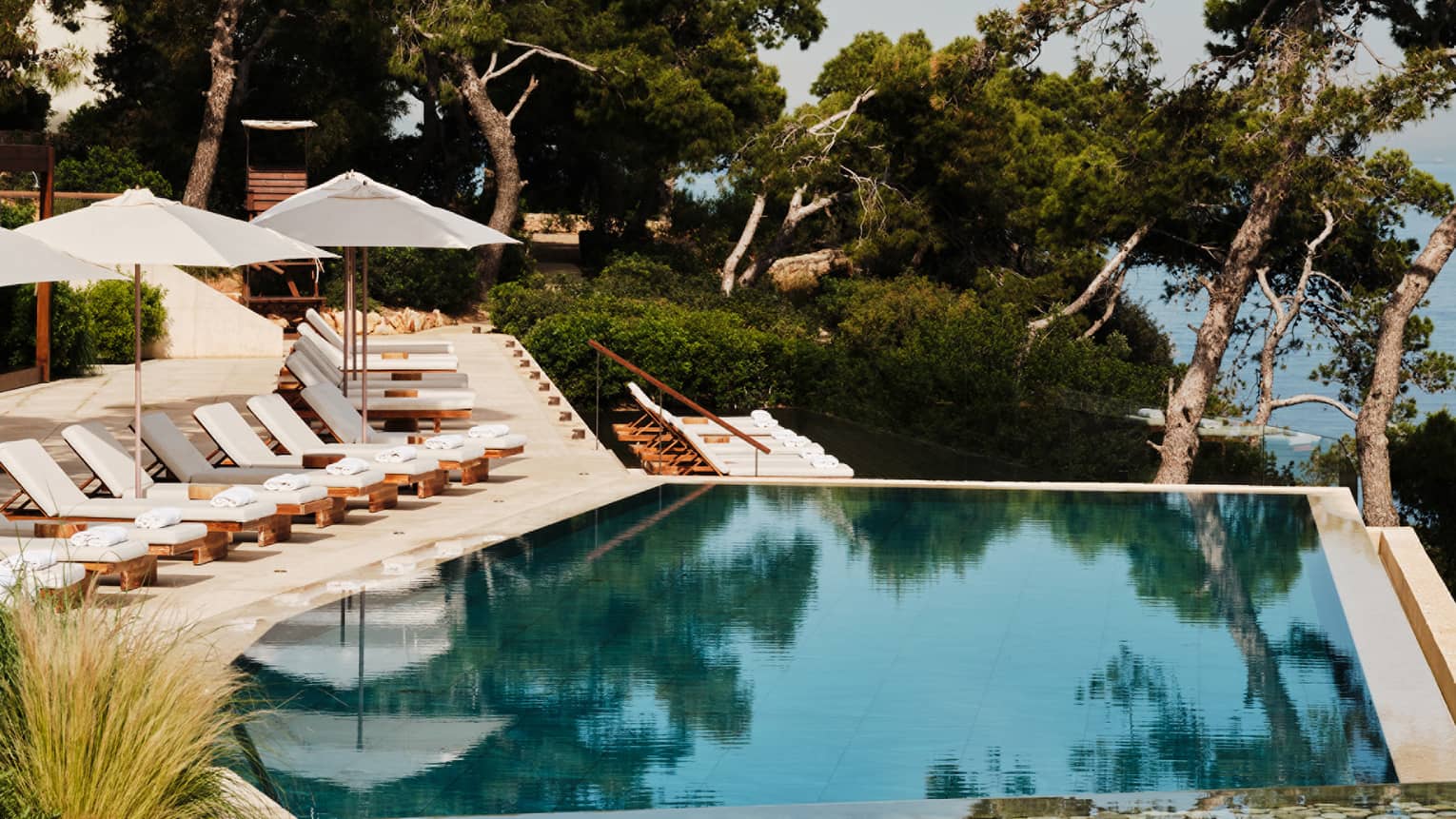 Lush tall trees reflect on a rectangular pool surrounded by white lounge chairs and umbrellas