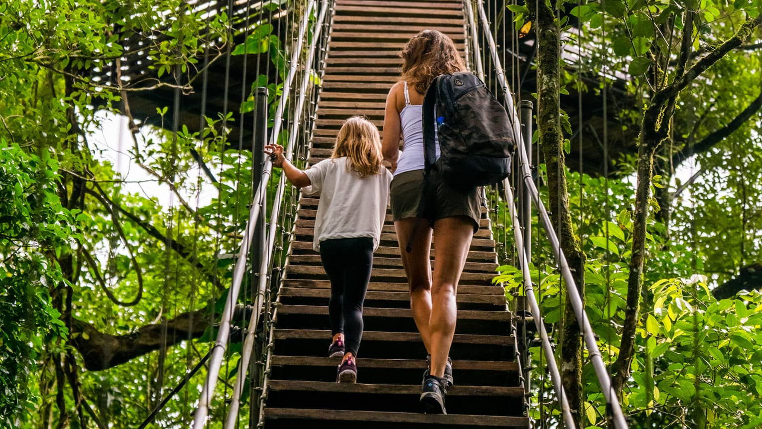 Rear view of an adult and child climbing a steep wooden staircase with metal rails toward a platform nestled in the treetops.