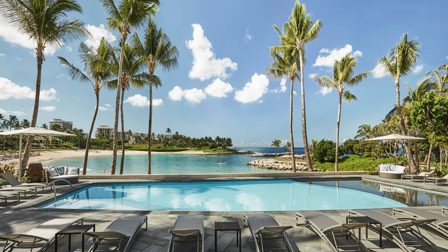 Sunny outdoor swimming pool lined with lounge chairs, palm trees