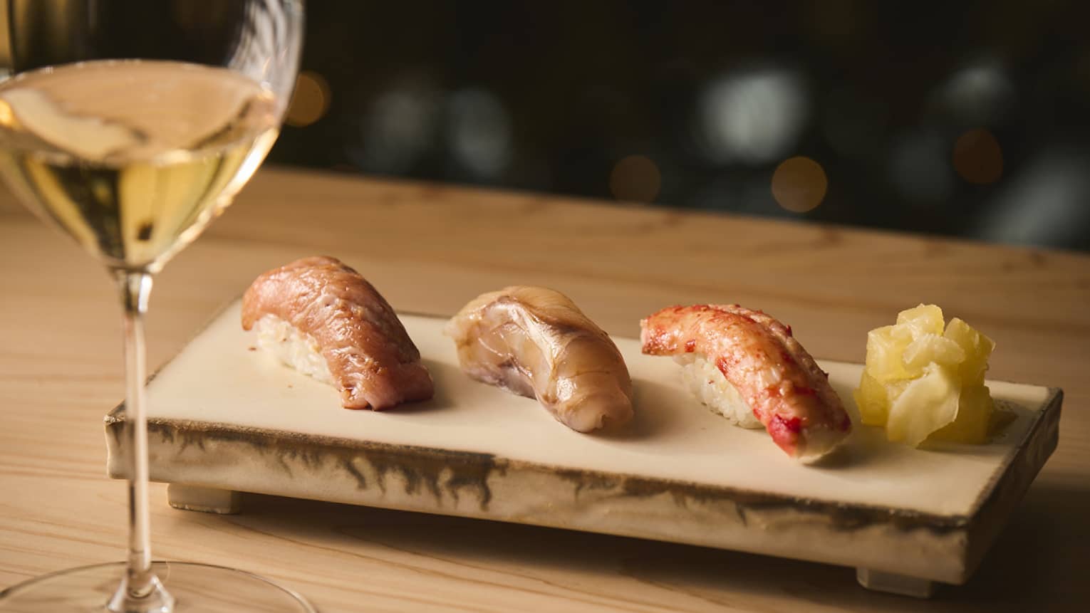 Edomae sushi on a wooden plate