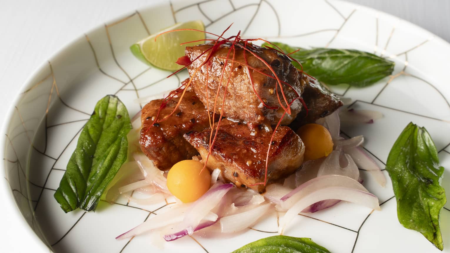 Plated dish featuring seared meat topped with thin red chilli strands, served on a bed of onions and garnished with fresh basil leaves and melon balls.