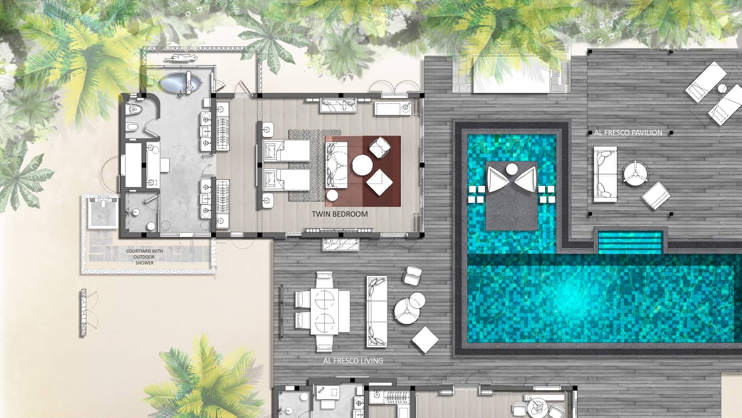 Floorplan of Two-Bedroom Ocean Bungalow at Four Seasons Maldives at Landaa Giraavaru