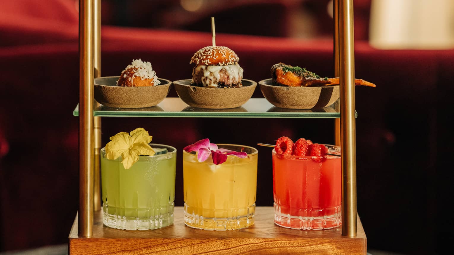 Three-tiered beverage and pastry tray shaped like a miniature luggage cart