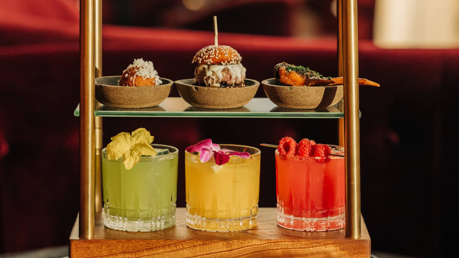 Three-tiered beverage and pastry tray shaped like a miniature luggage cart