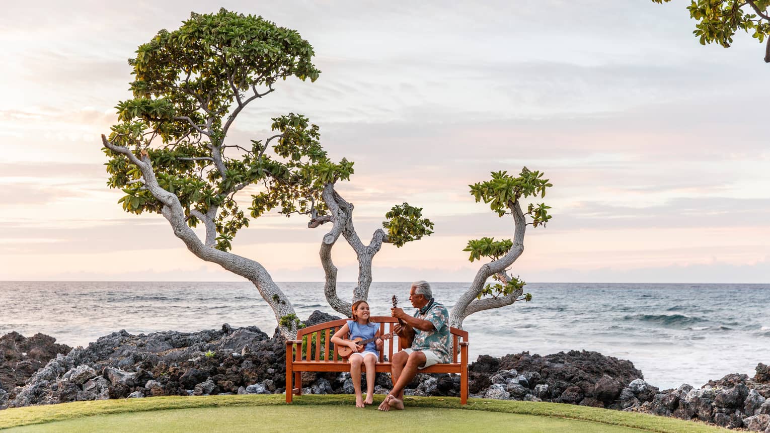 This image depicts a man and a child both playing the ukulele on a bench in front of a tree and the ocean, and is connected to ESG and sustainability