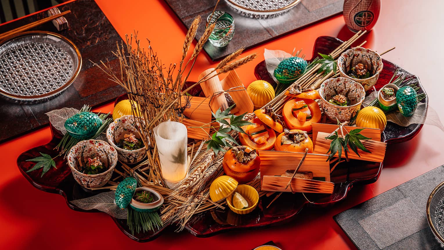 A spread of tender wagyu-shigure, silky gindara, Kuri Shibukawa-ni and a persimmon-and-daikon-vinegar salad
