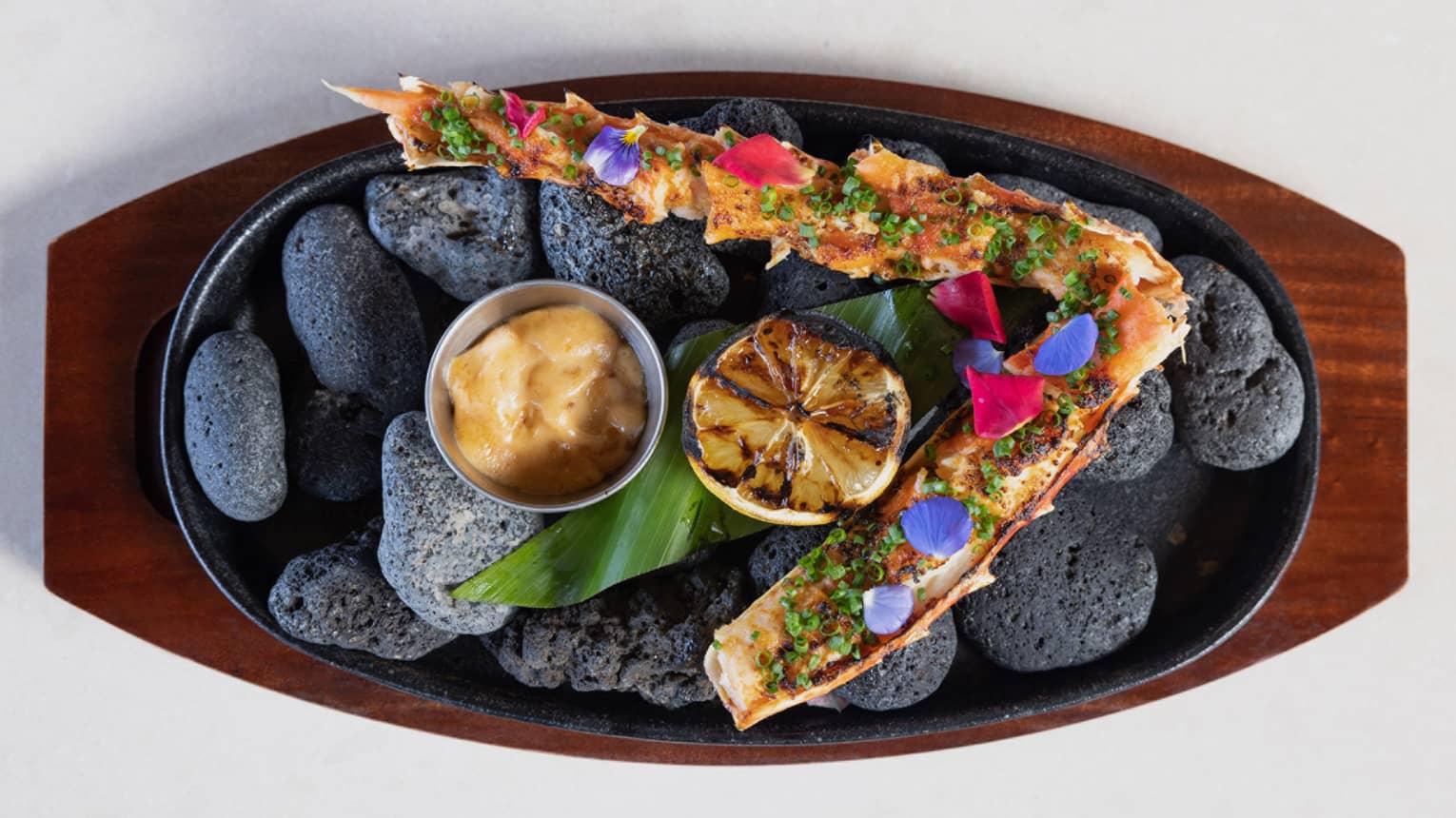 Broiled King Crab Leg with Miso Butter, Chives and Grilled Lemon