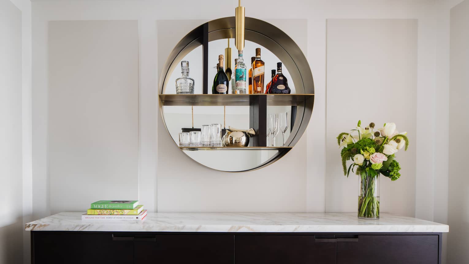 Marble buffet table with circular hanging bar shelf
