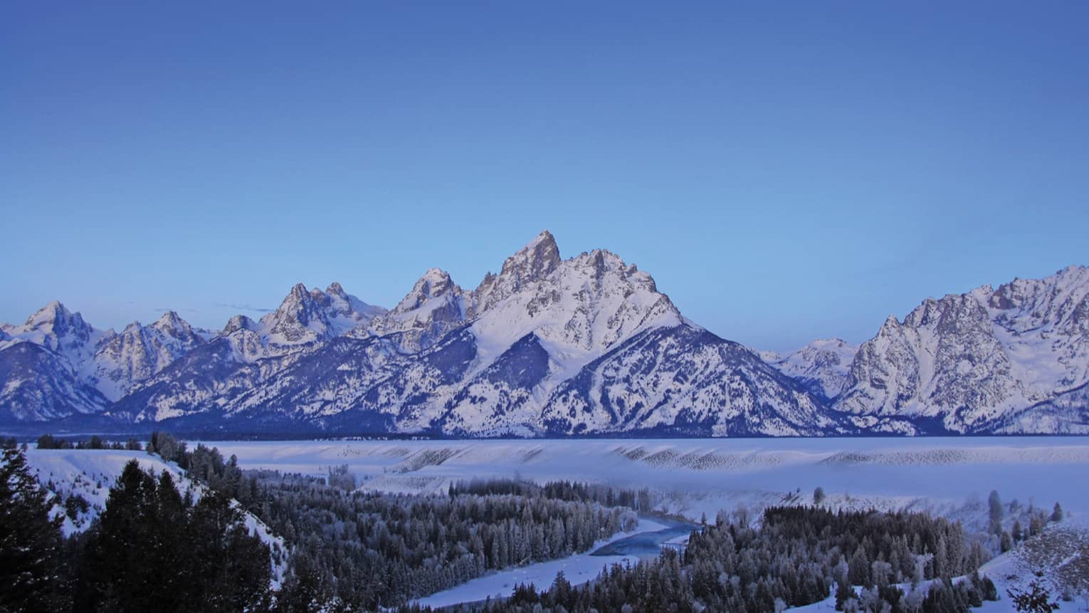 A snowy mountain range with a small forest nearby.