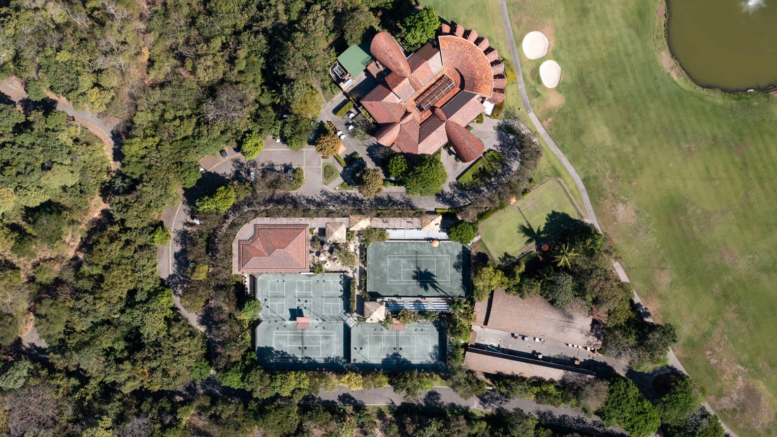 A view of the tap house from above, with red and blue coloured roofs and a full forest of trees.