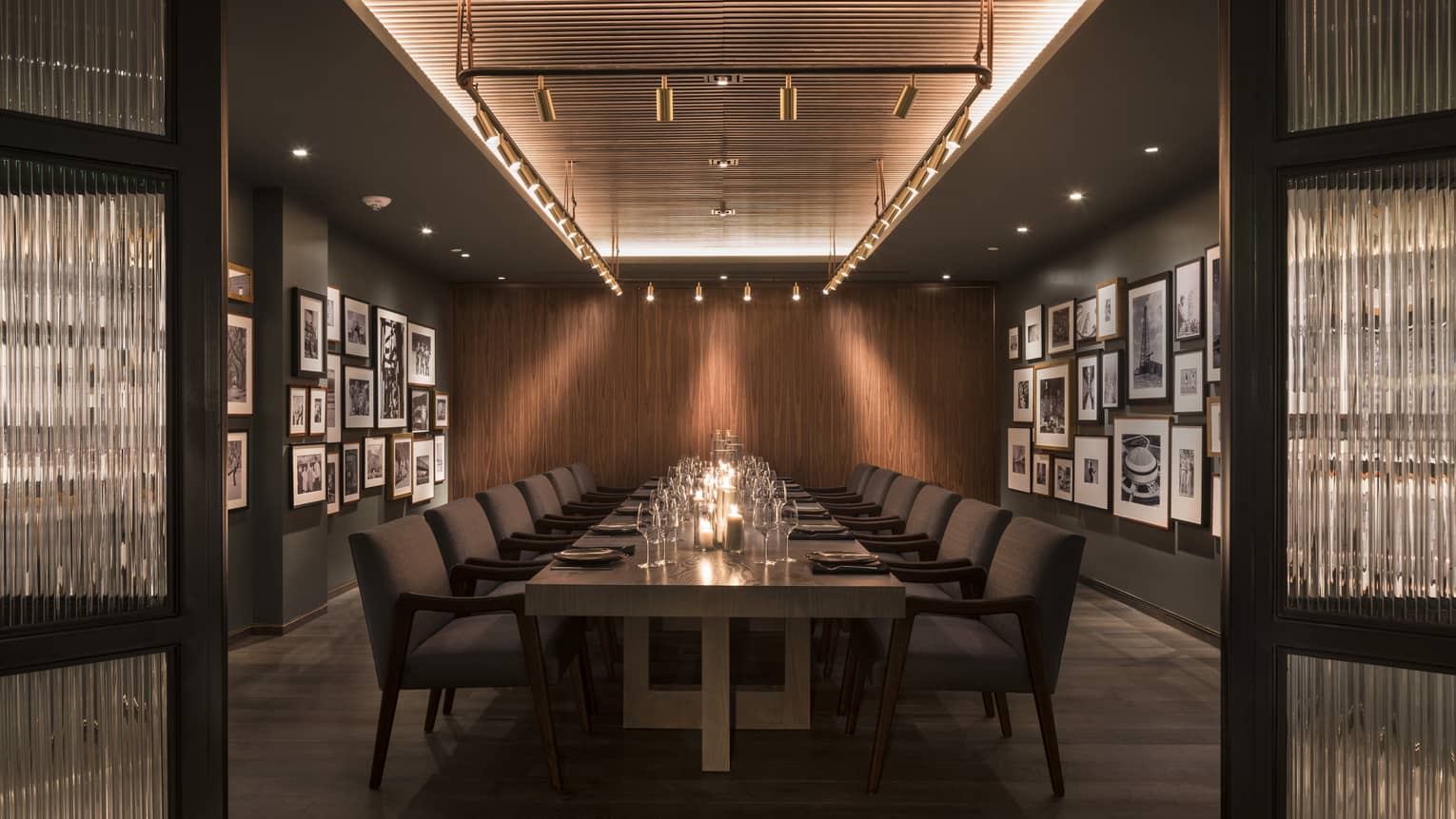A long rectangular table in a dimly lit room.