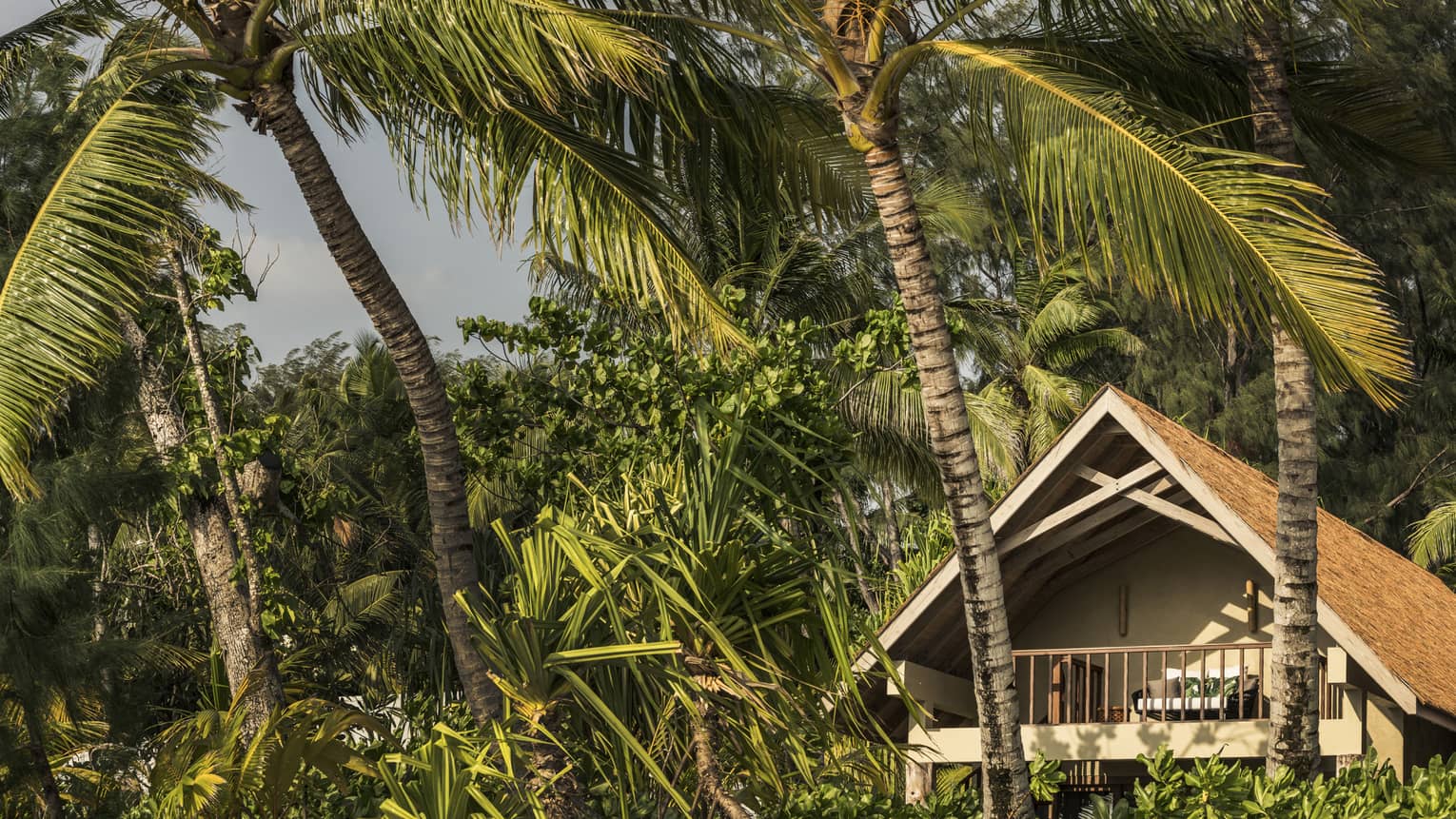 Exterior view of Sunset Beach Villa in green tropical mountain, palm trees
