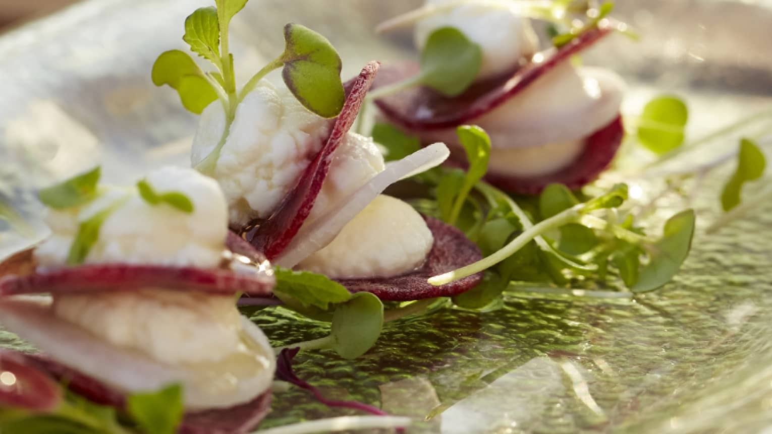 Close up sliced beets, creme and watercress on a clear glass plate
