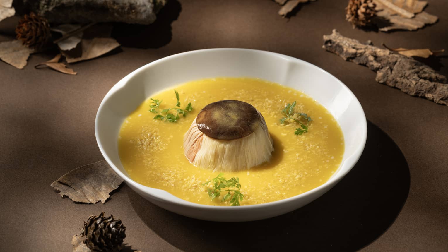 Steamed duck dish with orange sauce on white plate