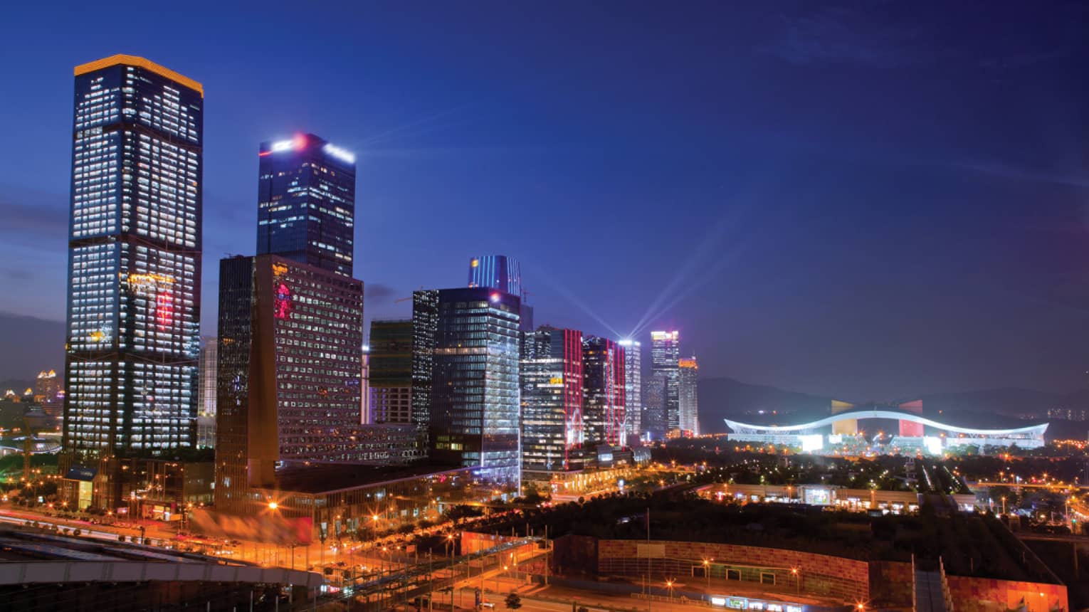 Four Seasons Hotel Shenzhen high rise buildings with lights at night