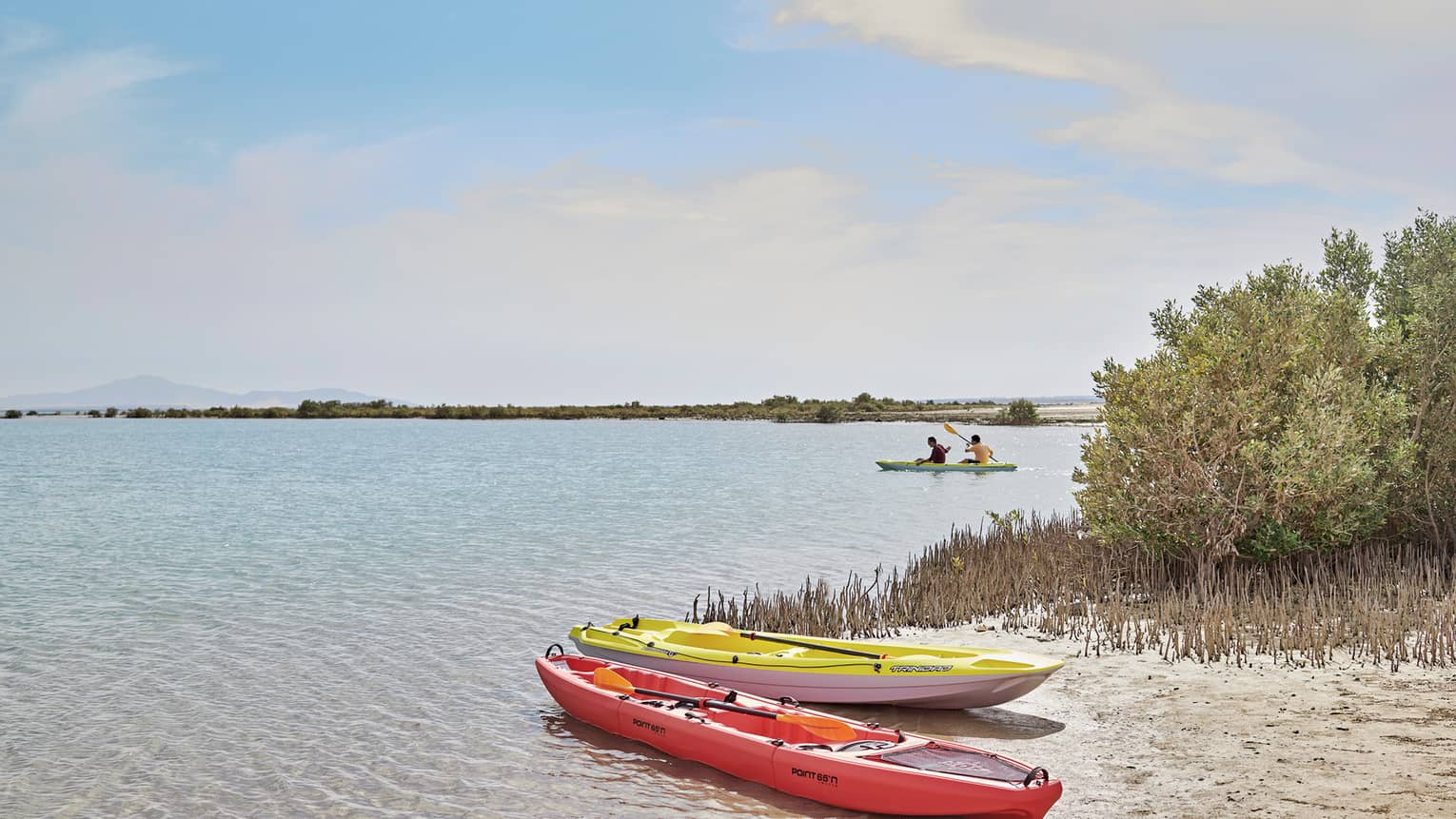 Two beached kayaks – one red, one yellow – amid grass and shrubs; two people paddling in a tandem kayak in the distance.