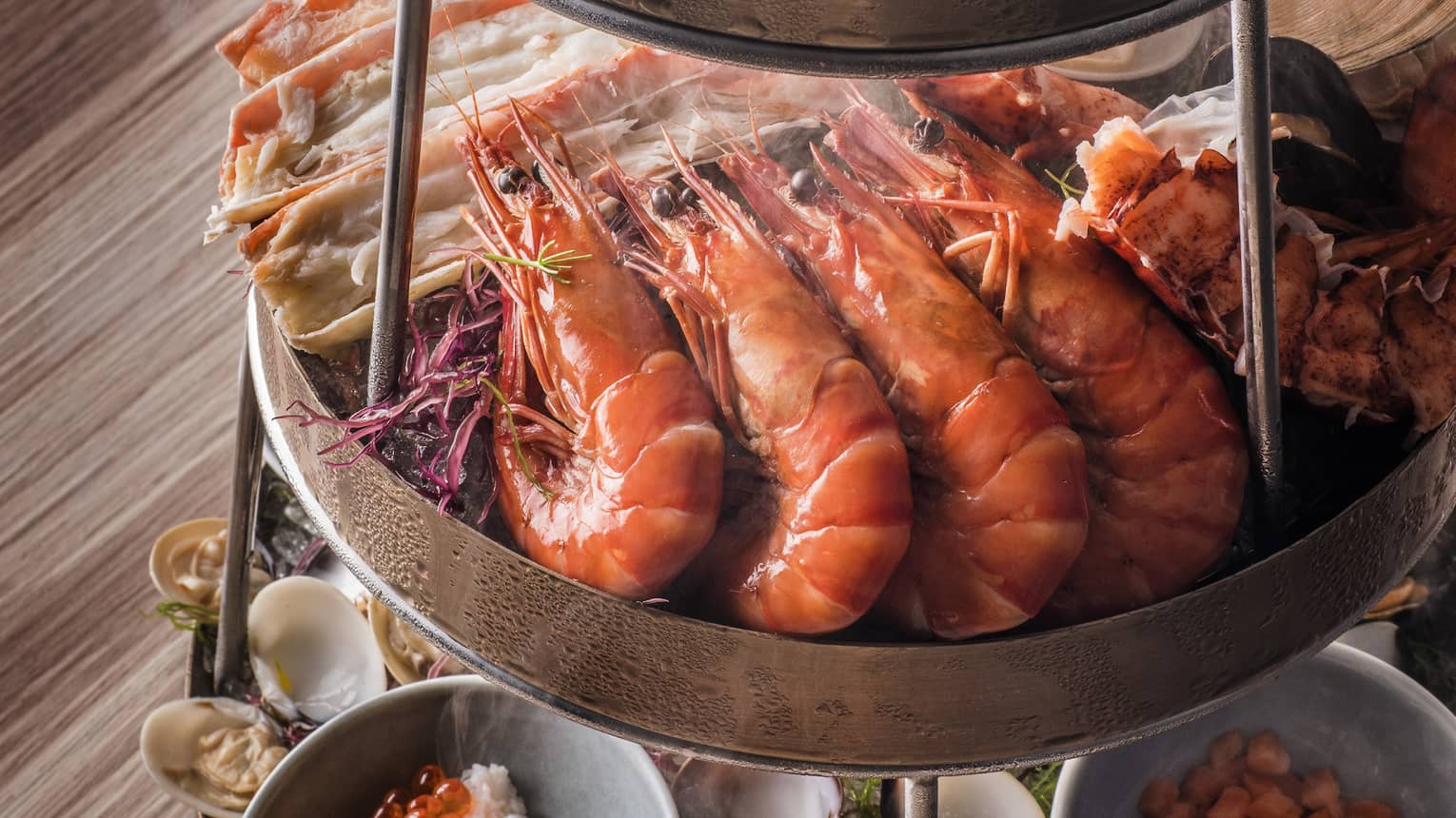 Seasons seafood tower with Maine lobster, king crab, mussels, spanner crab, scallops, prawns and tuna