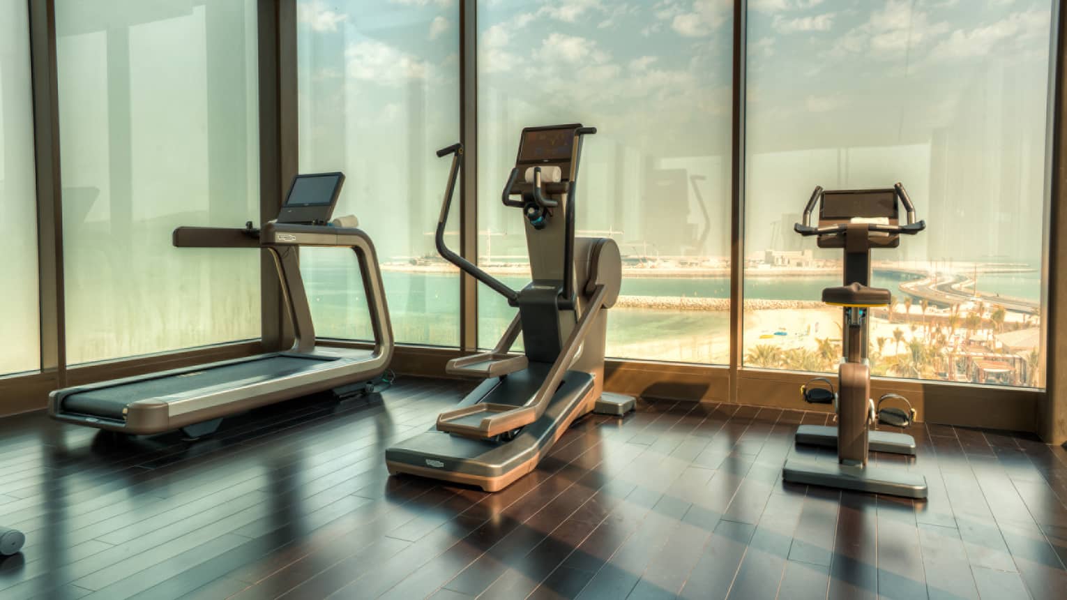 A treadmill, elliptical machine and cardio bike side-by-side at window overlooking beach