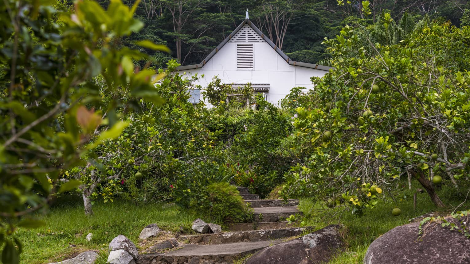 White building in background with trees and green grass at Le Jardin du Roi