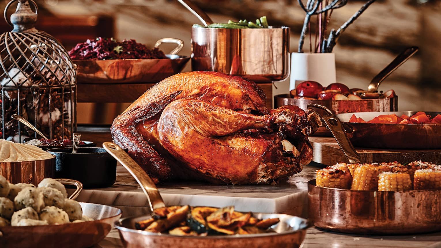 Turkey dinner on display with side dishes