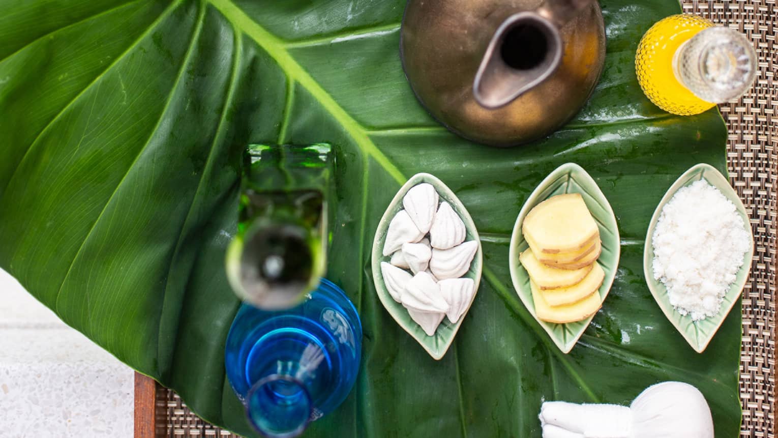 Spa tray with essential oils and massage tools