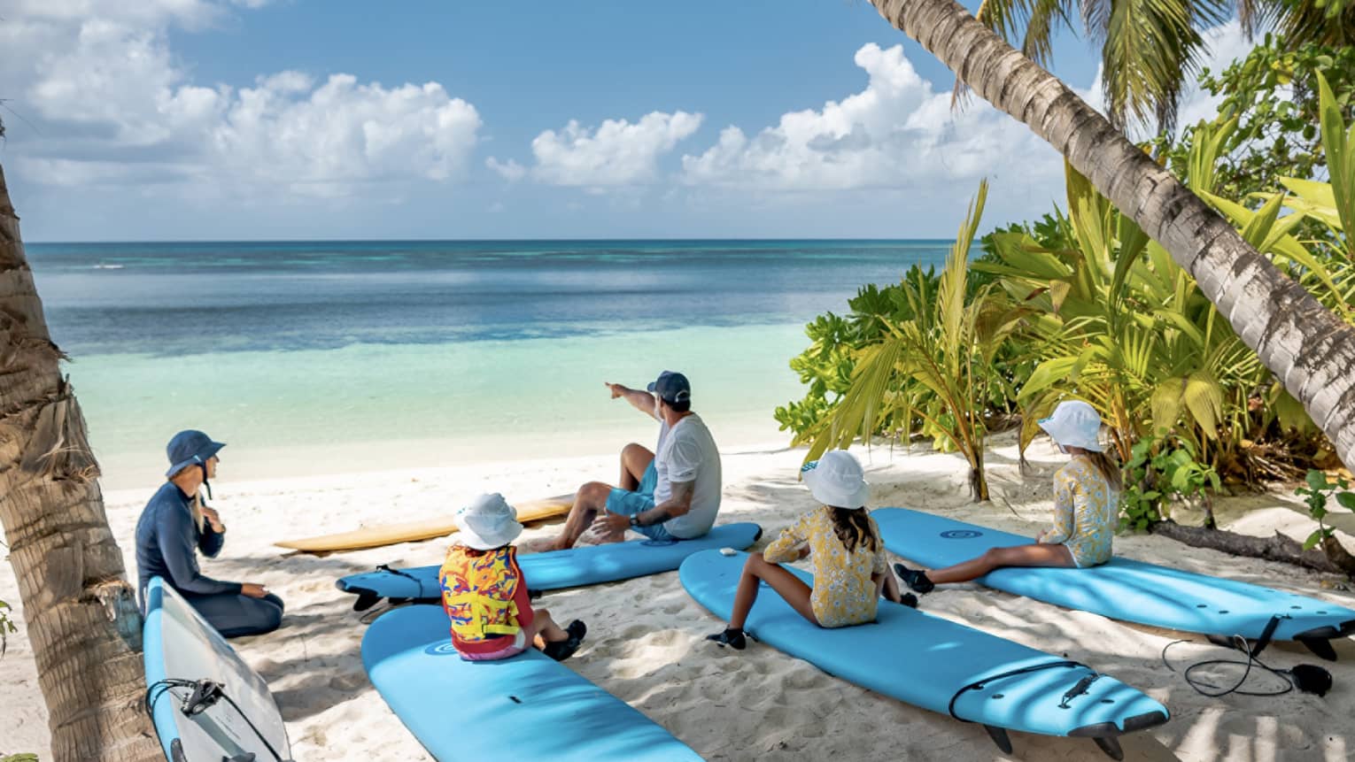 Children sit on surfboards under the shade of palm trees at the beach. One of their two instructors point at the clear water.