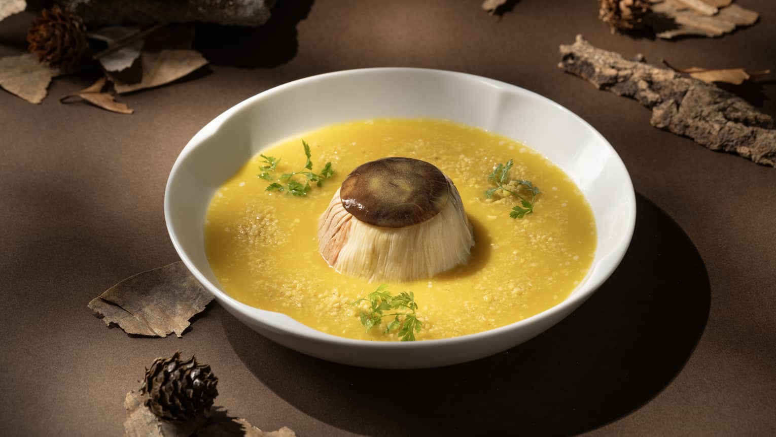 Steamed duck dish with orange sauce on white plate