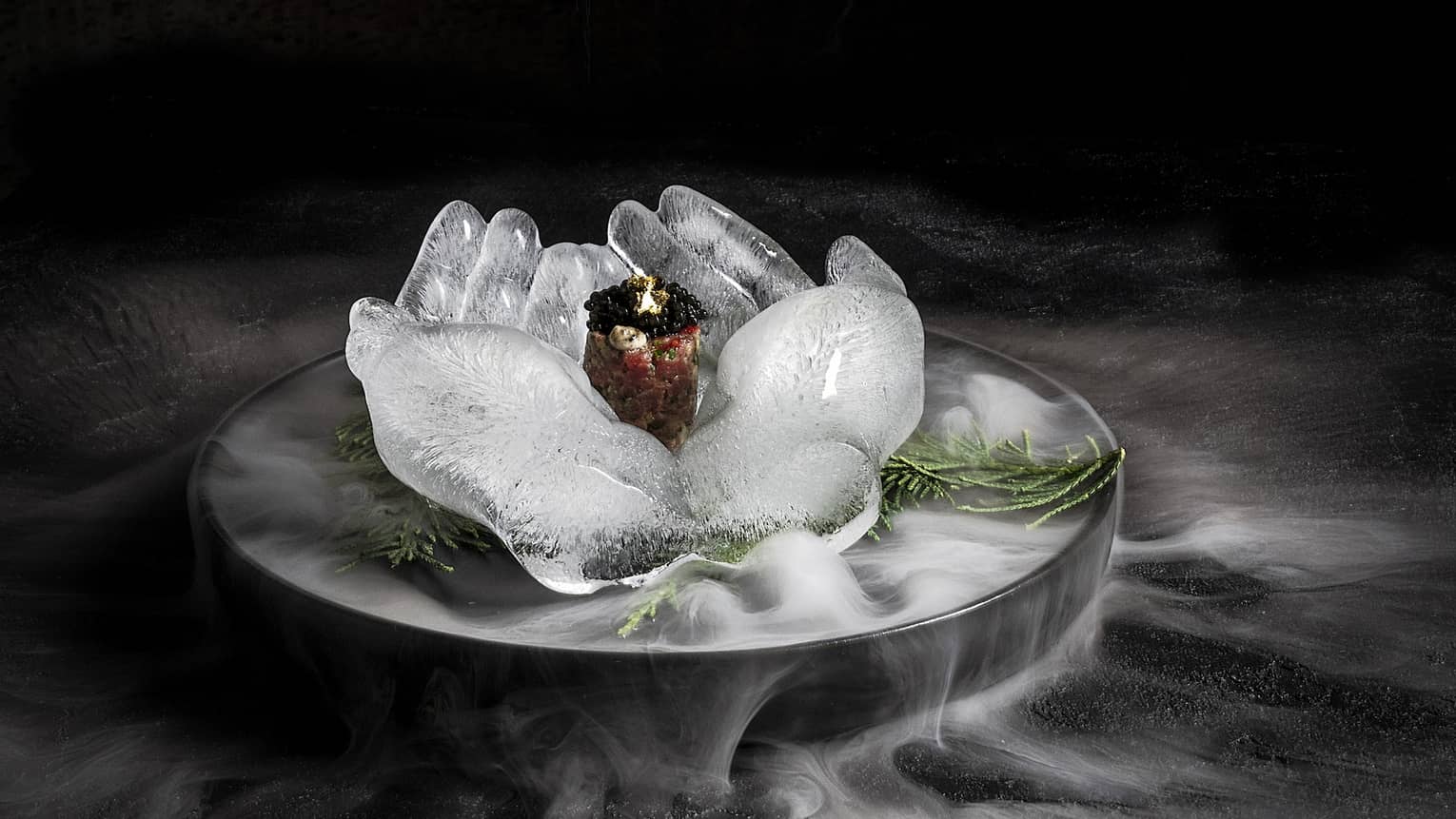 Food served on an ice sculpture shaped like two open hands with steam from dry ice floating around the black background