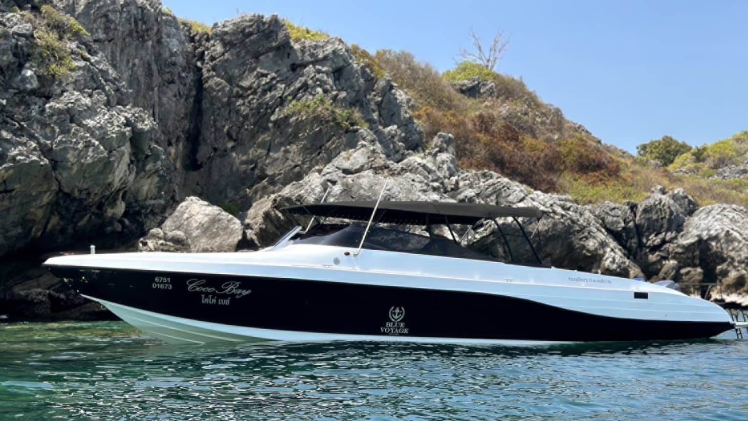 Side view of an elegant speedboat with a canvas roof floating in the ocean alongside a rocky cliff and scrub-grass