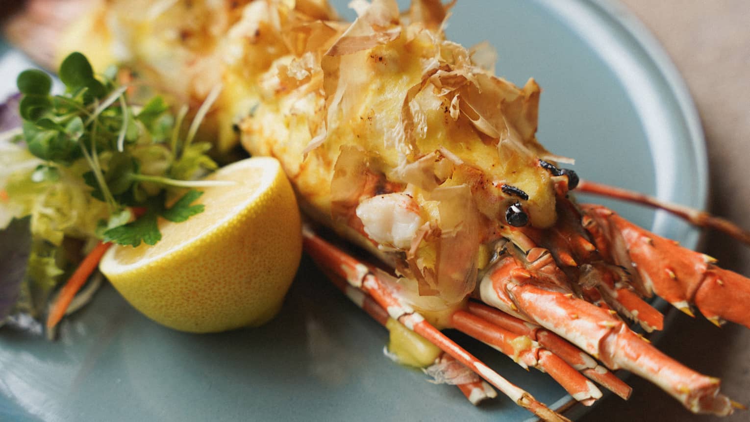 A pale blue plate holds a lobster with colorful garnishes.