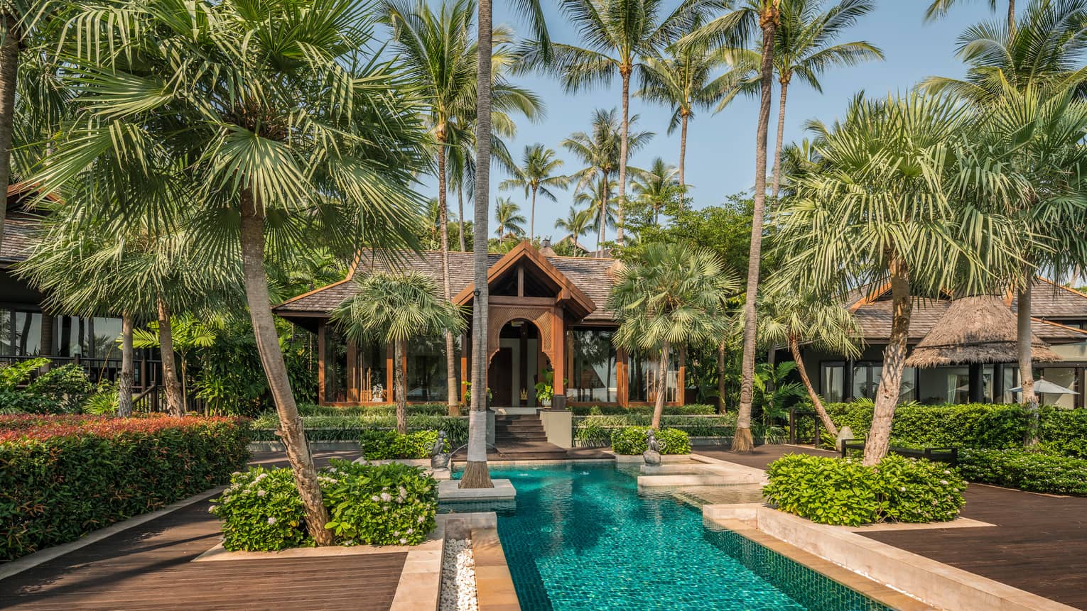 Tall palm trees tower over long outdoor pool, sunny patio