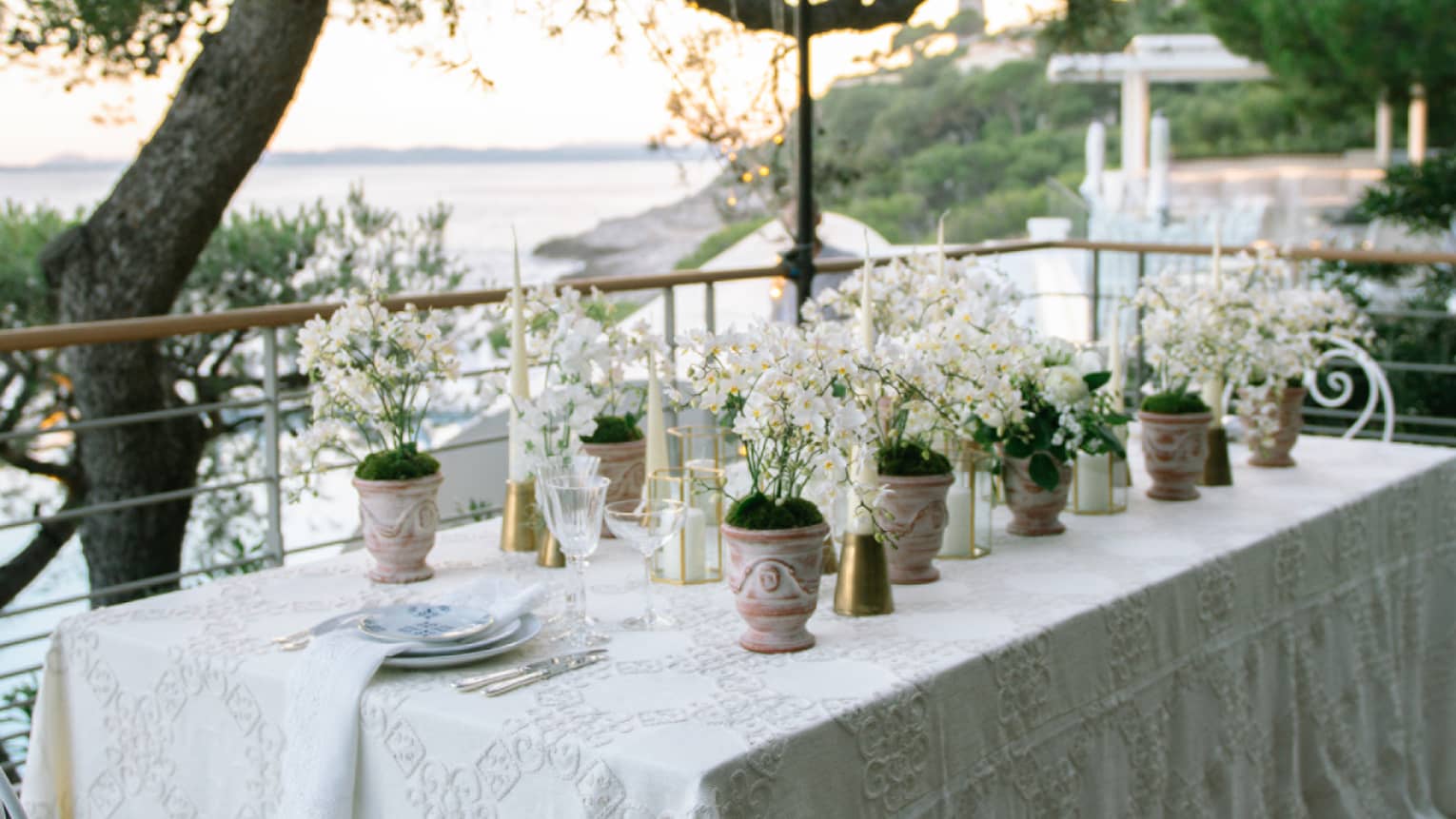 White rectangular dining table lined with potted white flowers, candlesticks one bistro chair on terrace under string lights