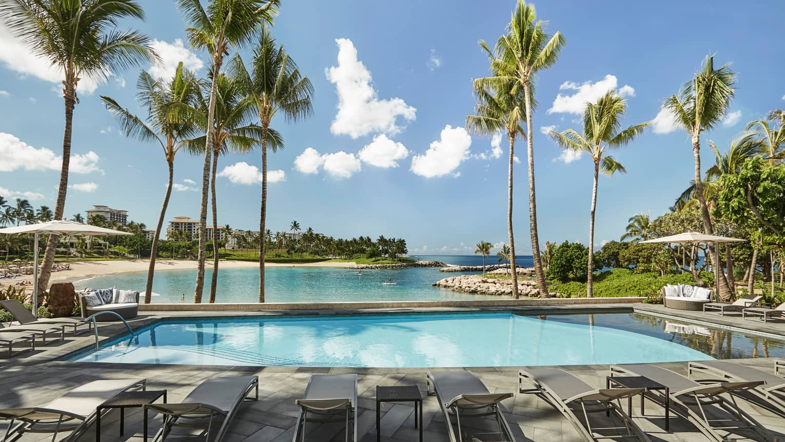 Sunny outdoor swimming pool lined with lounge chairs, palm trees
