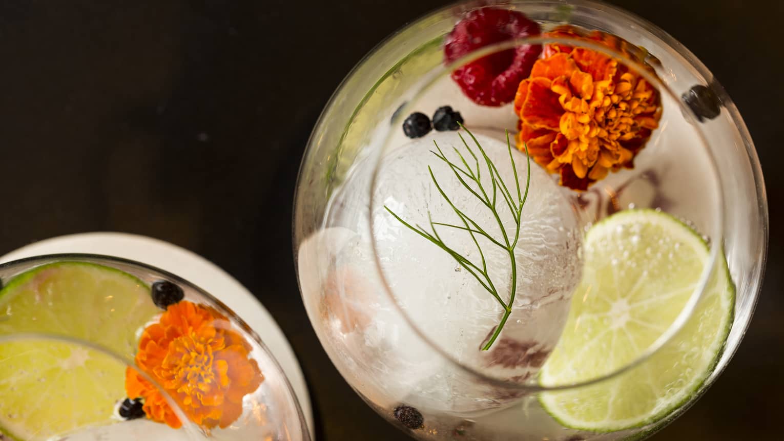 Aerial view of Capa Gin Tonic cocktails in glasses with ice, edible flowers, raspberries, lime