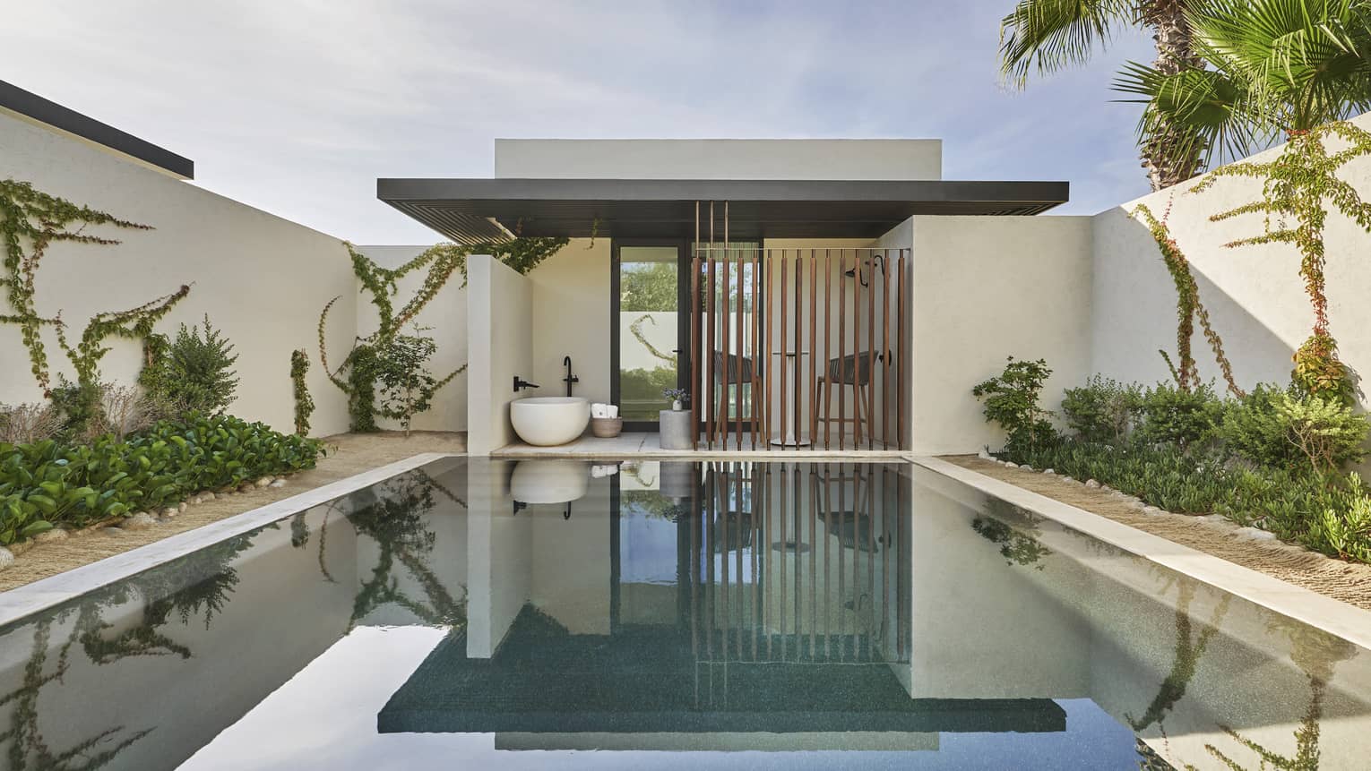 a wood gate behind a serene pool surrounded by white walls and plants.