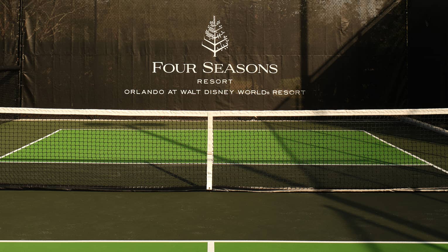 A pickleball court with trees in the background