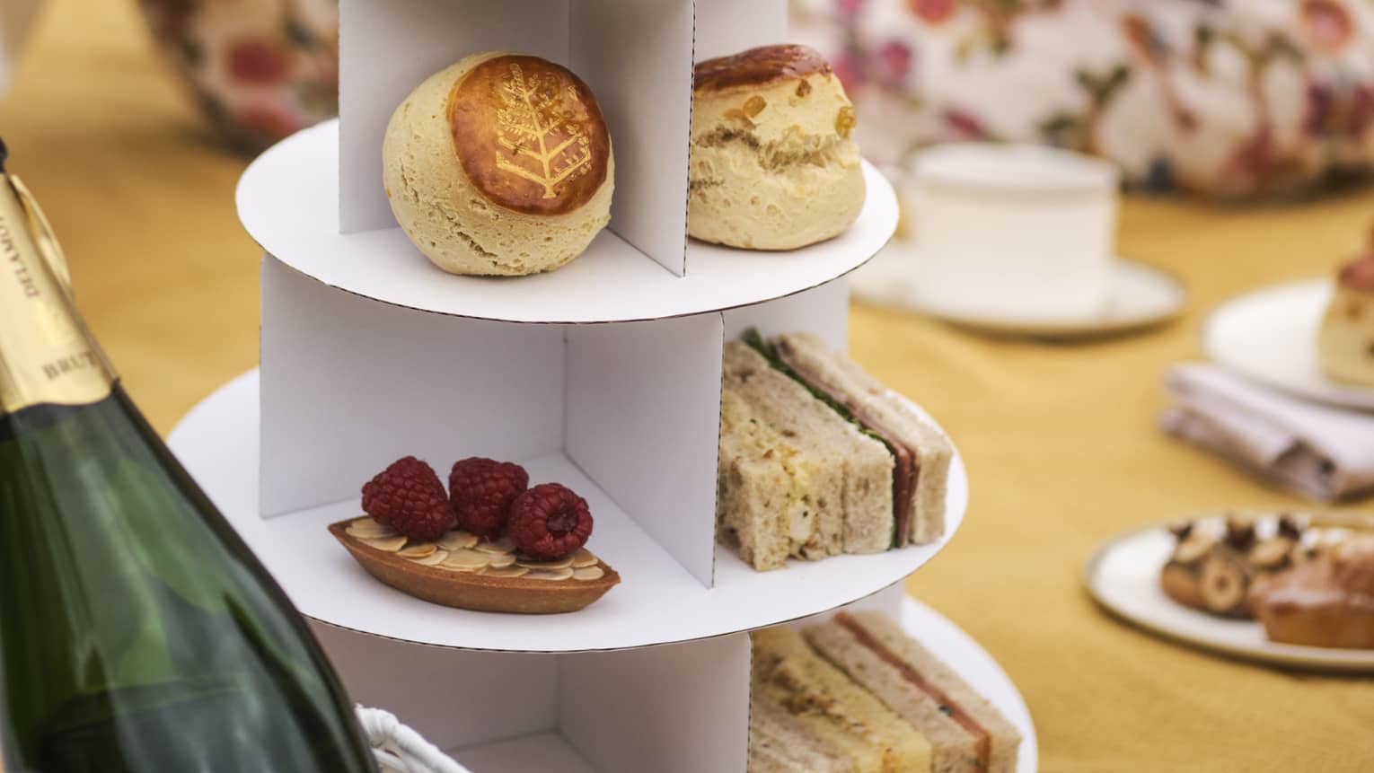 Tiered cardboard stand with mini sandwiches, pastries and jams; guest on a picnic blanket lounges with a glass of white wine.