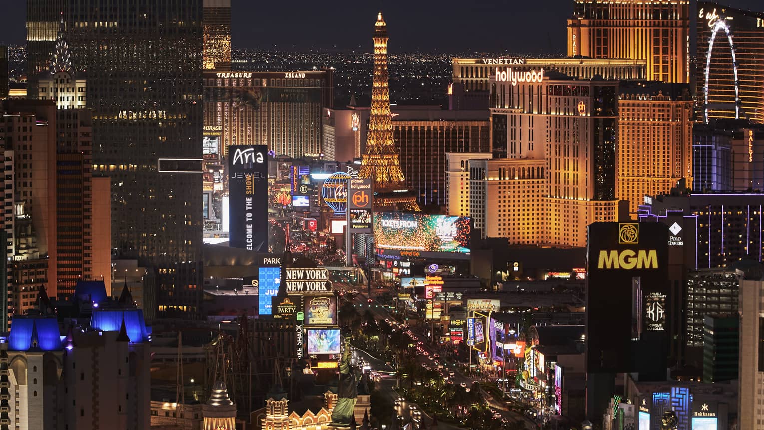 Aerial view of Las Vegas strip and neon lights at night