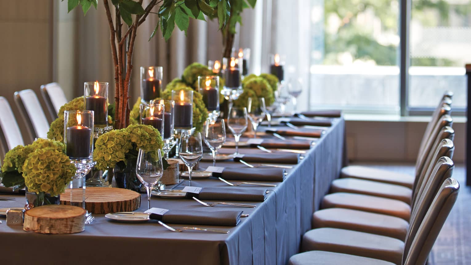 Close-up of long dining table with black candles, tree centrepiece by sunny window