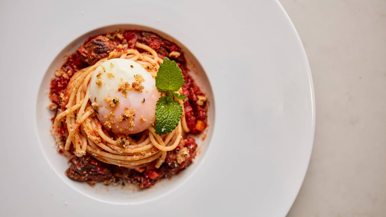 Aerial shot of white bowl with mound of spaghetti and tomato sauce, topped with green herb garnish