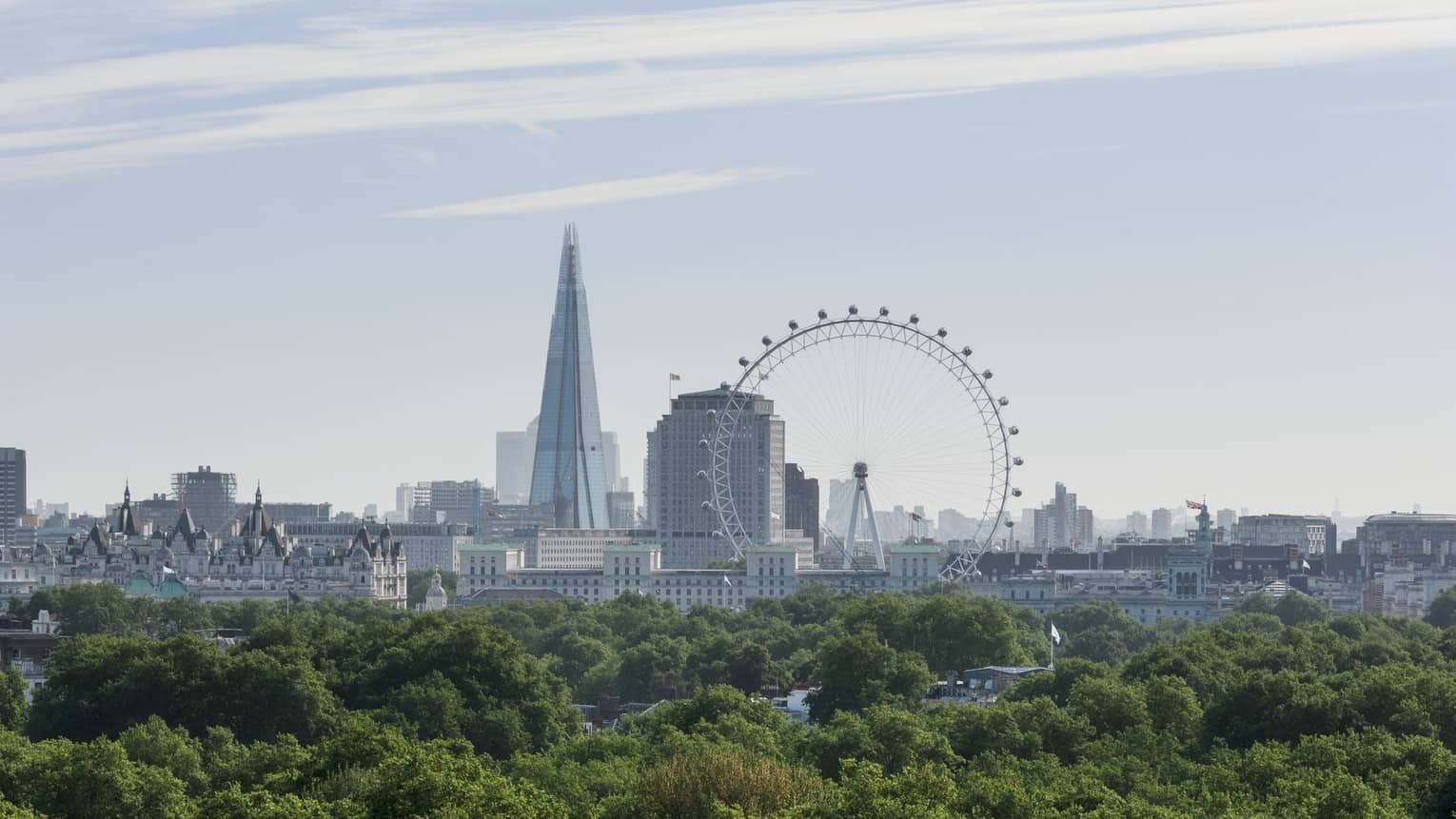 View of London’s South Bank area with The London Eye in center 