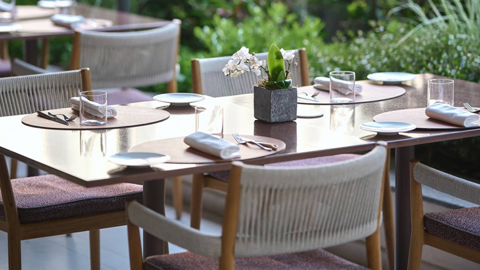 A dining table on a patio surrounded by greenery