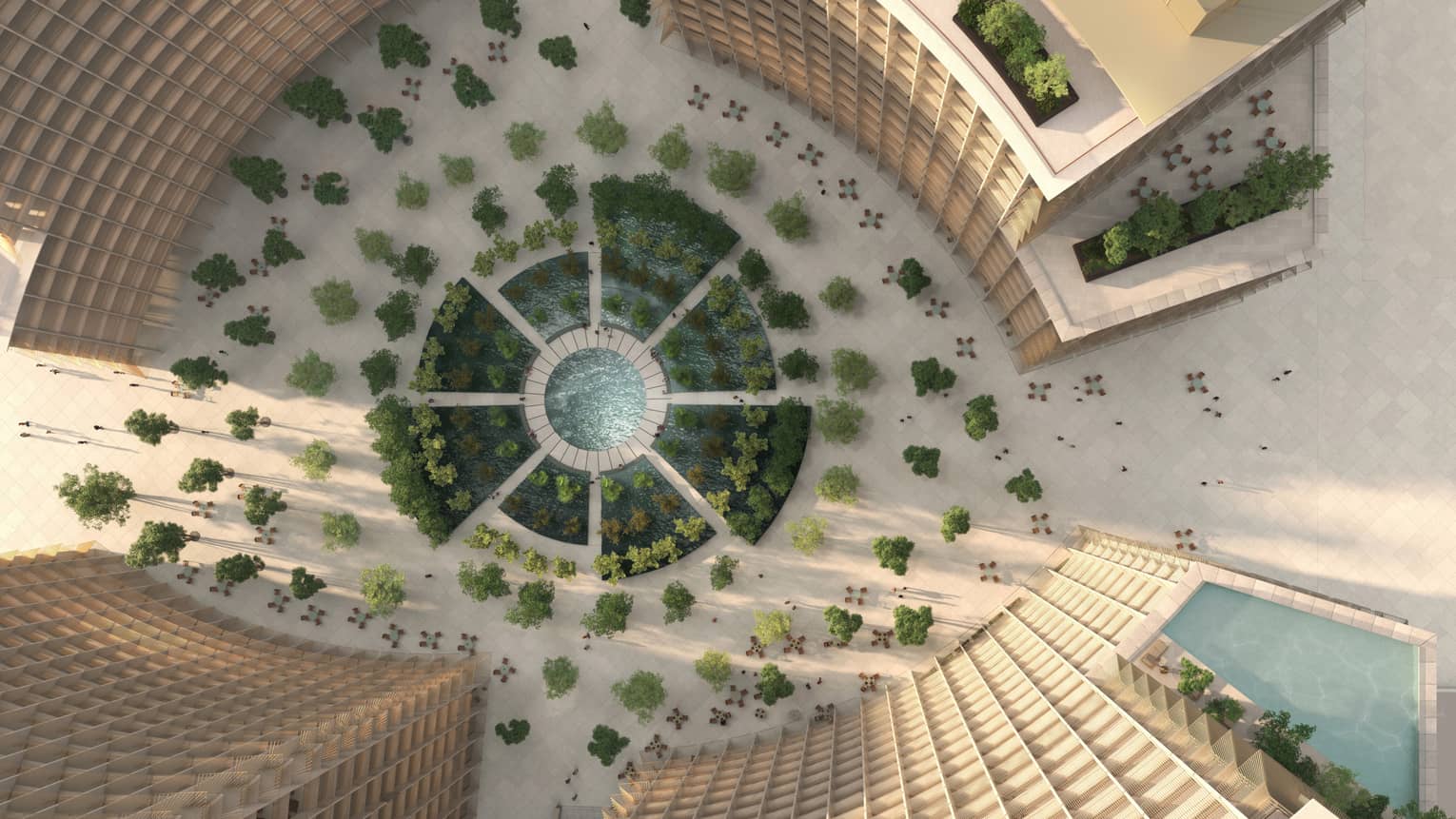 Aerial rendering of residence courtyard