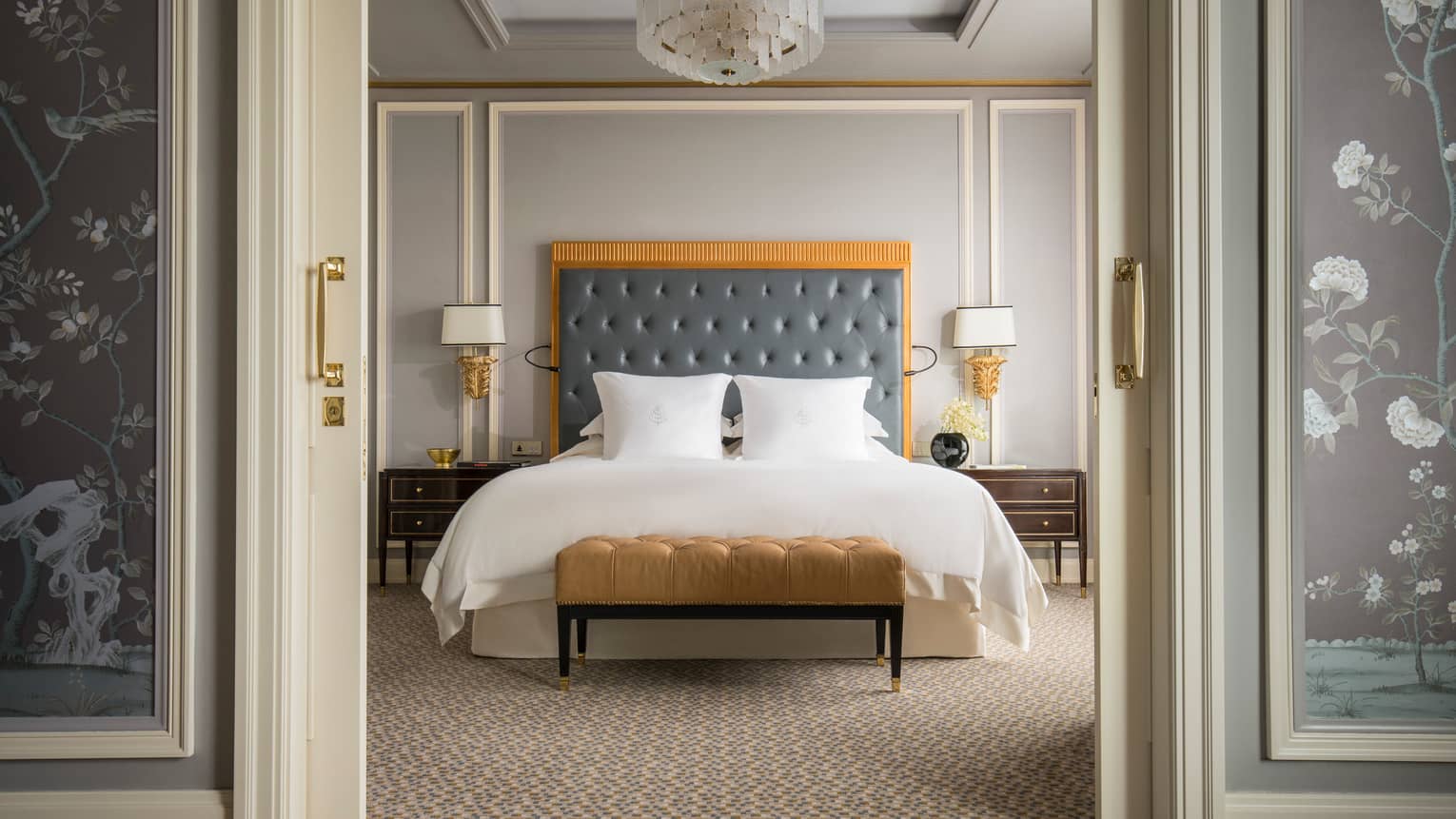 Jakarta Hotel Rooms Suite Four Seasons Executive Deluxe Suite Front View Of King Size Bed With Tall Padded Blue Headboard