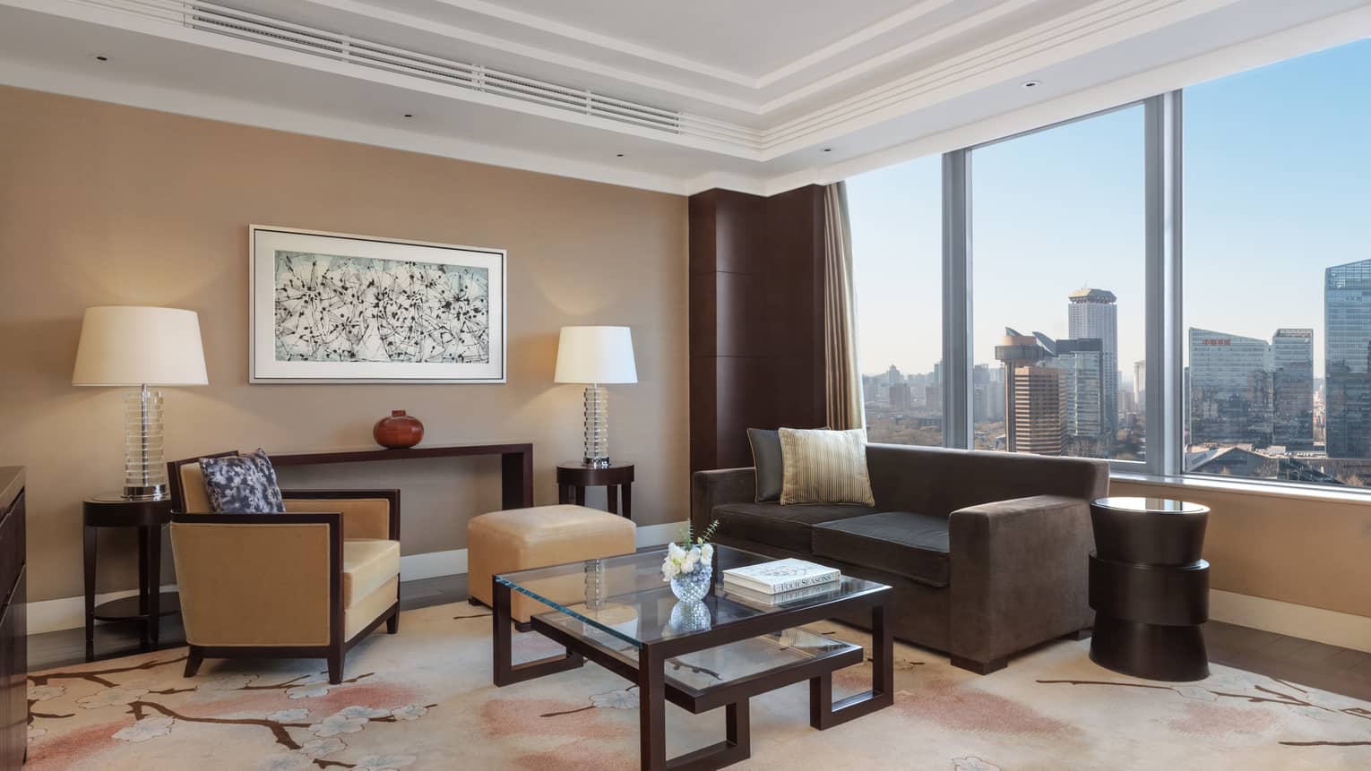 Hotel room's living room with city view